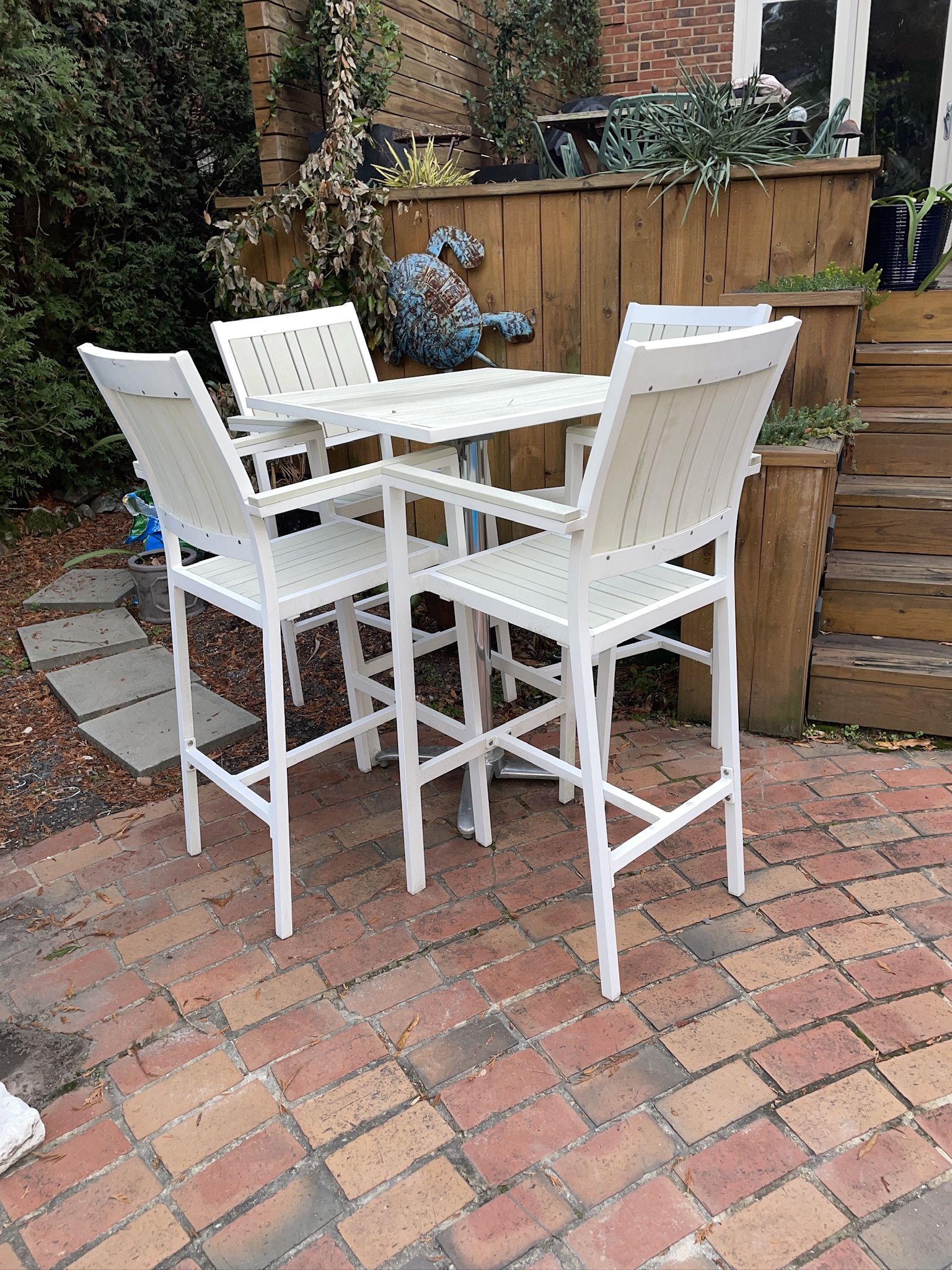 4 White Frame W Wood Seat & Back Bar Stools + Matching Square Bar table