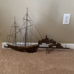 Vintage Decor brass Nautical schooner / Sailboat and Dock Scene