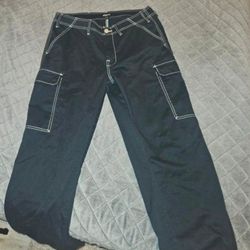 True Religion black cargo pants with white contrast stitching