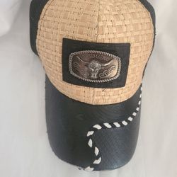 Handcrafted Straw Design Metallic Texas Ox Bull Logo Badge cap