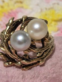 ​7g Vintage 10K Gold Brutalist Toi et Moi Pearl Ring Size 6.5-7 Mid Century 1970s
