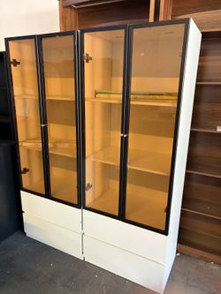 2pcs/Modern Lighted Glass Display Cabinet with Two Drawers, Dining China Hutch with 3 Tiers Storage Shelves, Wooden Curio Display Showcase for Living 