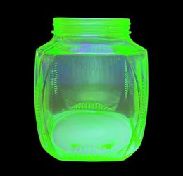 Vintage Uranium Vaseline Glass Octagonal Cookie Jar Canister Metal Lid Glows UV