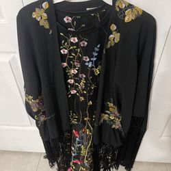 Black Fringe Jacket/Shawl & Black Mesh Embroidered Dress Set