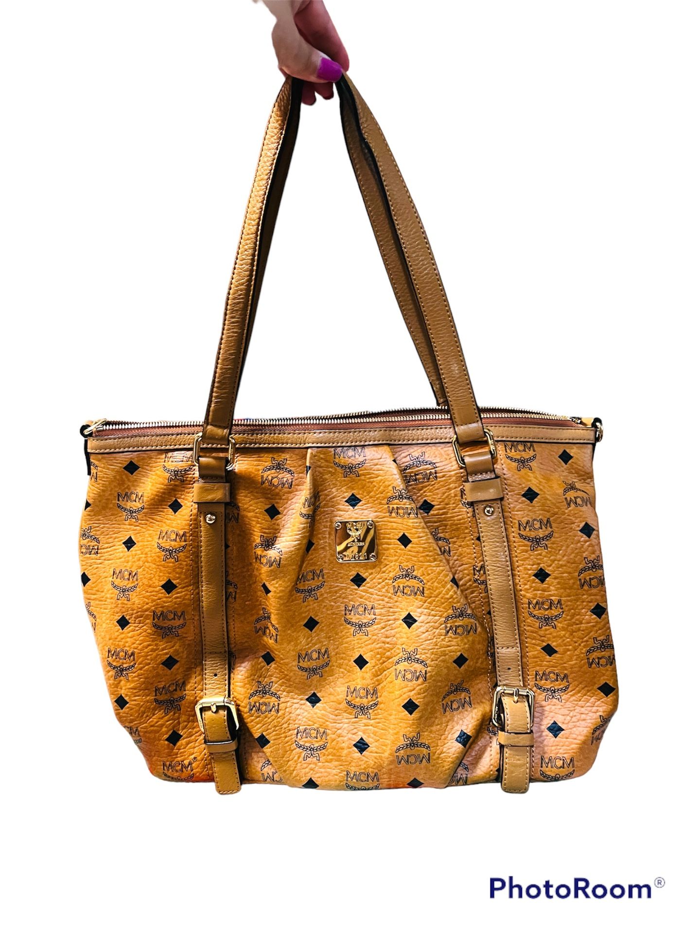 MCM cognac two way zipt tote, made in Korea