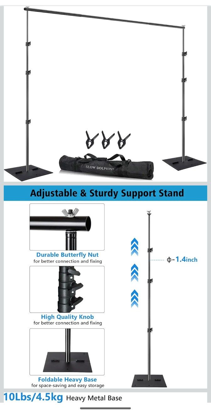 SLOW DOLPHIN Heavy Duty Backdrop Stand10ft x 8.5ft Adjustable Background Support System Kit with Steel Base for Photography, Photo Backdrop Stand for
