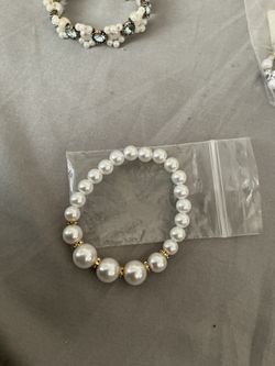 Faux Pearl Stretch Bracelet with Gold-Tone Rhinestone Spacers
