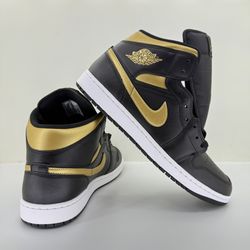 Air Jordan 1 Mid "Black/Metallic Gold-White" Men's Size 12