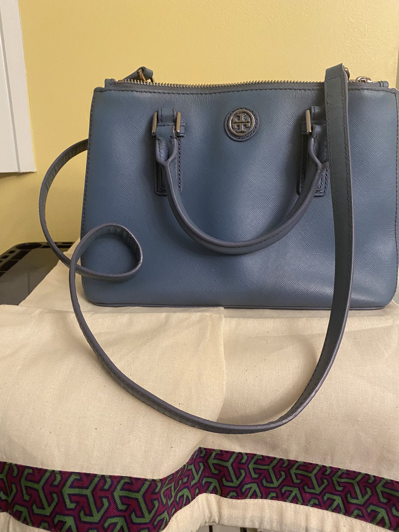 NWT Tory Burch Robinson Mini Square Tote Pebbled Leather Double Zip Navy