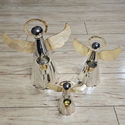Silver Plated Gold Tone Angel Candle Holders  Vintage Set of 3 Christmas Holiday Home Decor / Set of 3
