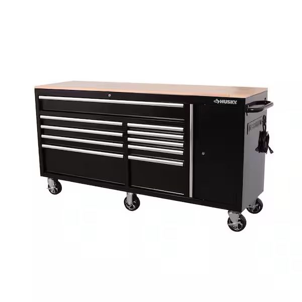 Standard Duty 72 in. W x 20 in. D 10-Drawer Black Mobile Workbench Cabinet with Solid Wood Top