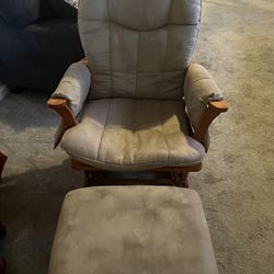 Faux Tan Suede And Wood Glider And Ottoman 