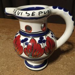 Vintage Italian Puzzle Jug Revi Se Puoi Drink If You Can Blue Brown White Leaves