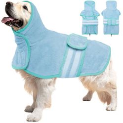“New”Fast Drying Dog Robe “Super Absorbent”adjustable Collar&belly Strap(sz Large)Blue