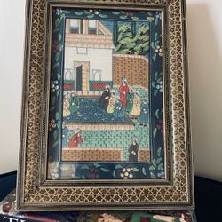 Marquetry Framed Authentic Persian Fabric Painting | Traditional Persian Folk| 