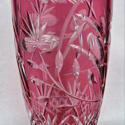 Cranberry Cut To Clear Crystal Bohemian Vase 