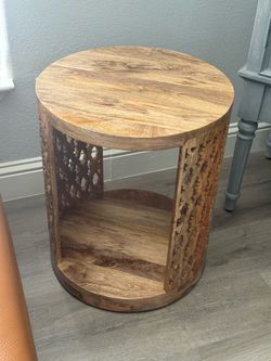 Hand Carved Solid Mango Wood Round End Table - Made in India