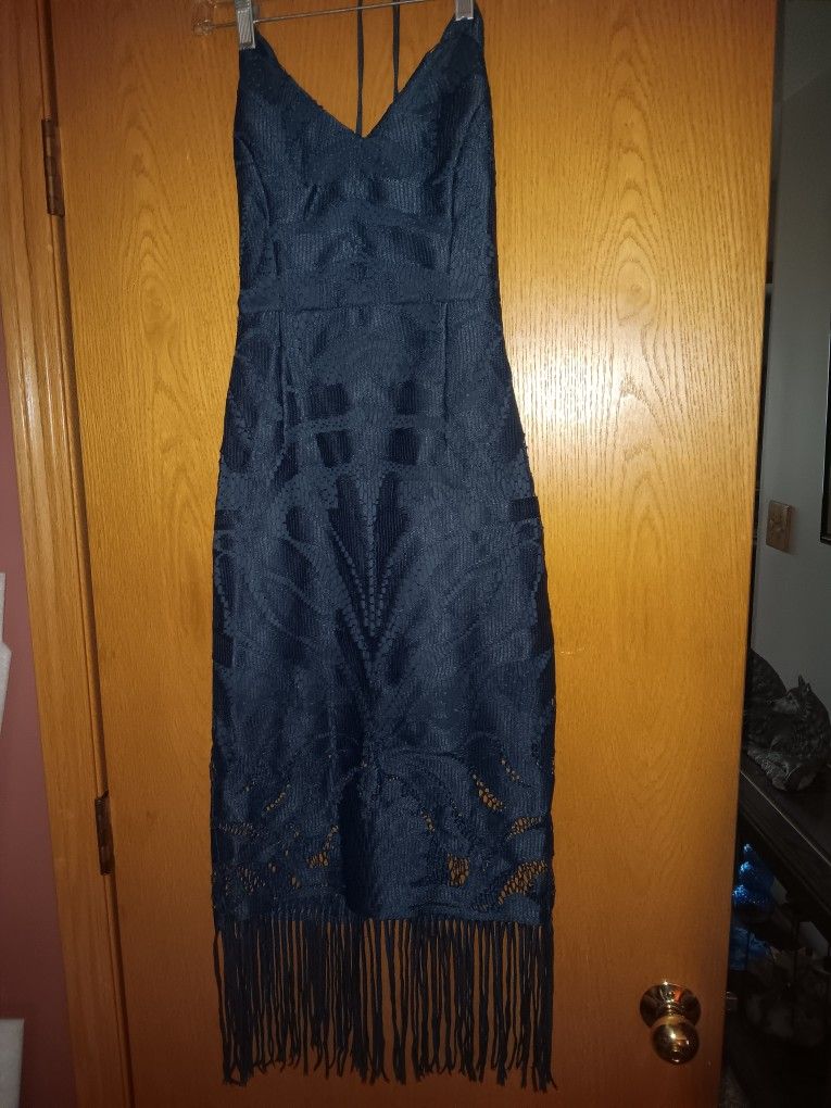 Women's Size Small, Navy Blue Dress With Fringe Bottom