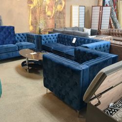 3 Piece Set Blue Sofa, Loveseat, Chair