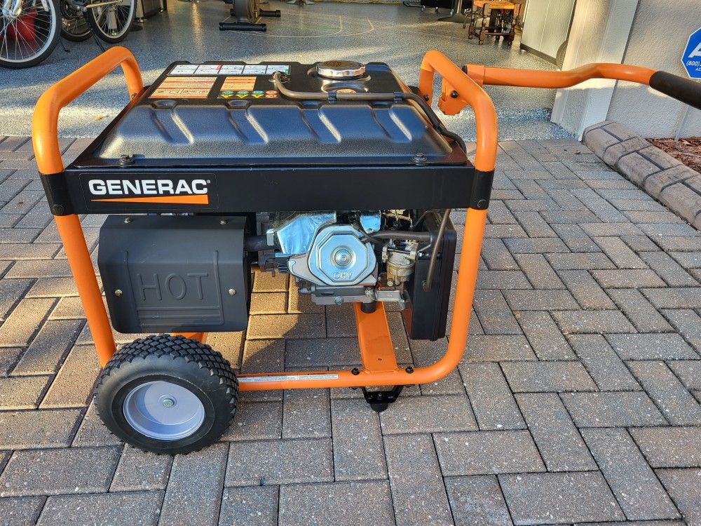 Generac Generator: MODEL GP5500, 5500 RUNNING WATTS/6875 STARTING WATTS, LIKE NEW, USED 3 DAYS DURING LAST MAJOR STORM, HARD TIRES, NEW COST $800-$900