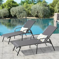 New Set of 2 Aluminum Patio Chaise Lounge Chair Folding Outdoor Recliners, Gray