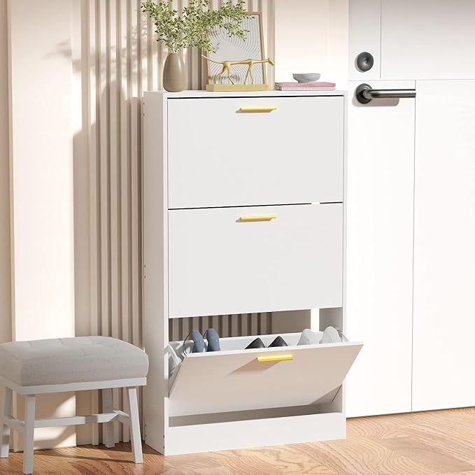 JOZZBY Shoe Cabinet Storage with 3 Flip Drawers for Entryway, White Slim Freestanding Modern Narrow