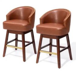 New 26.4"H Swivel Faux Leather Upholstered Solid Wood Counter Stools - Set of 2 Brown Cushion Brown