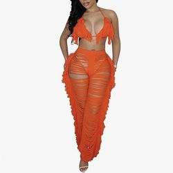Orange  2 Piece Coverup Bikini Pants Set