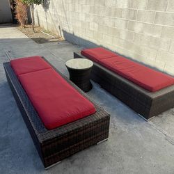 Outdoor Wicker Chaise Lounge Set (2) + Table- Pool / Patio Furniture