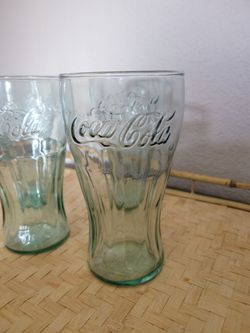 Set of 6 Coca Cola Green Glass Tumblers 6.25” Embossed Logo Vintage Style Cups