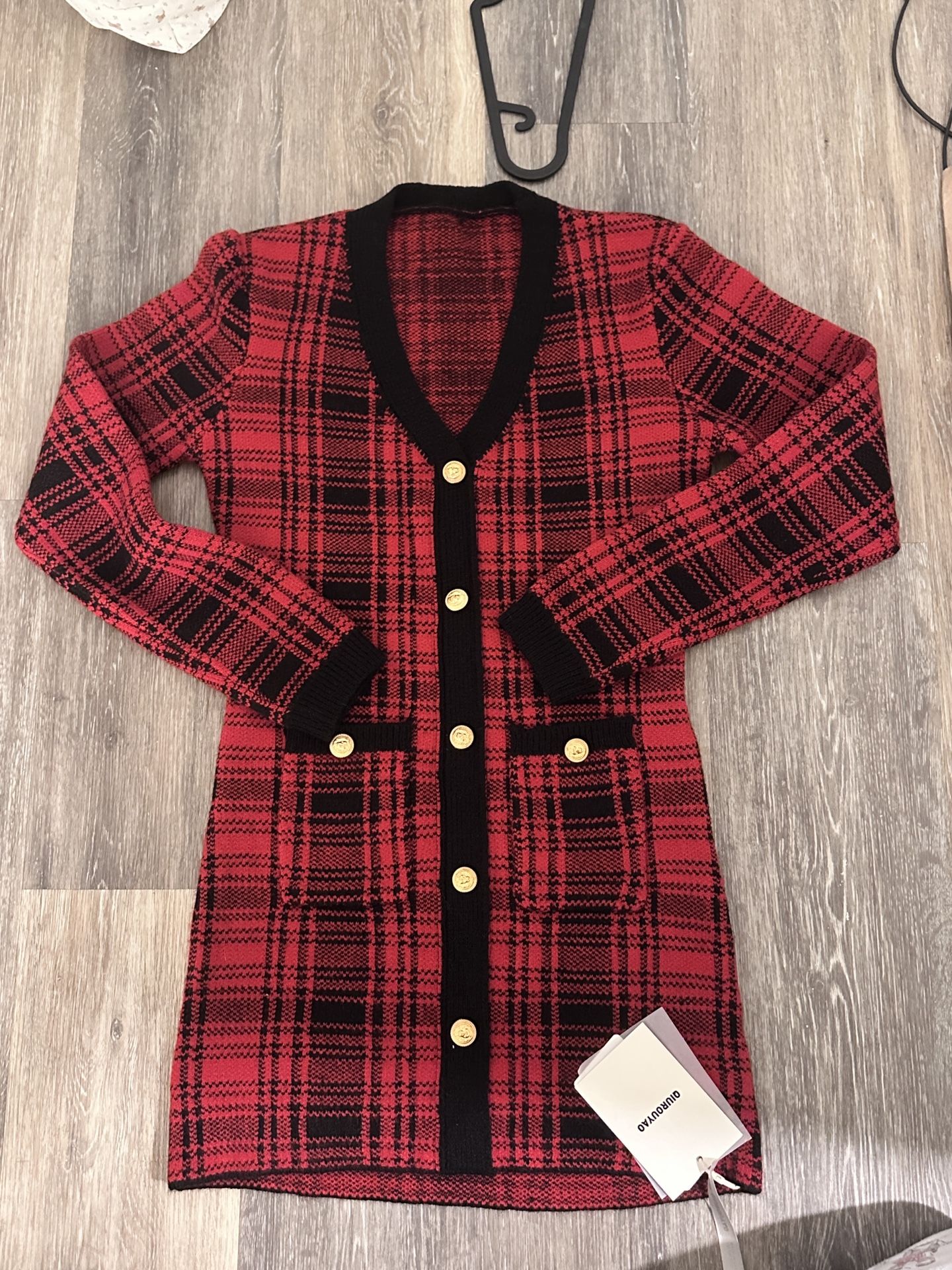 Red plaid cardigan dress (size M)