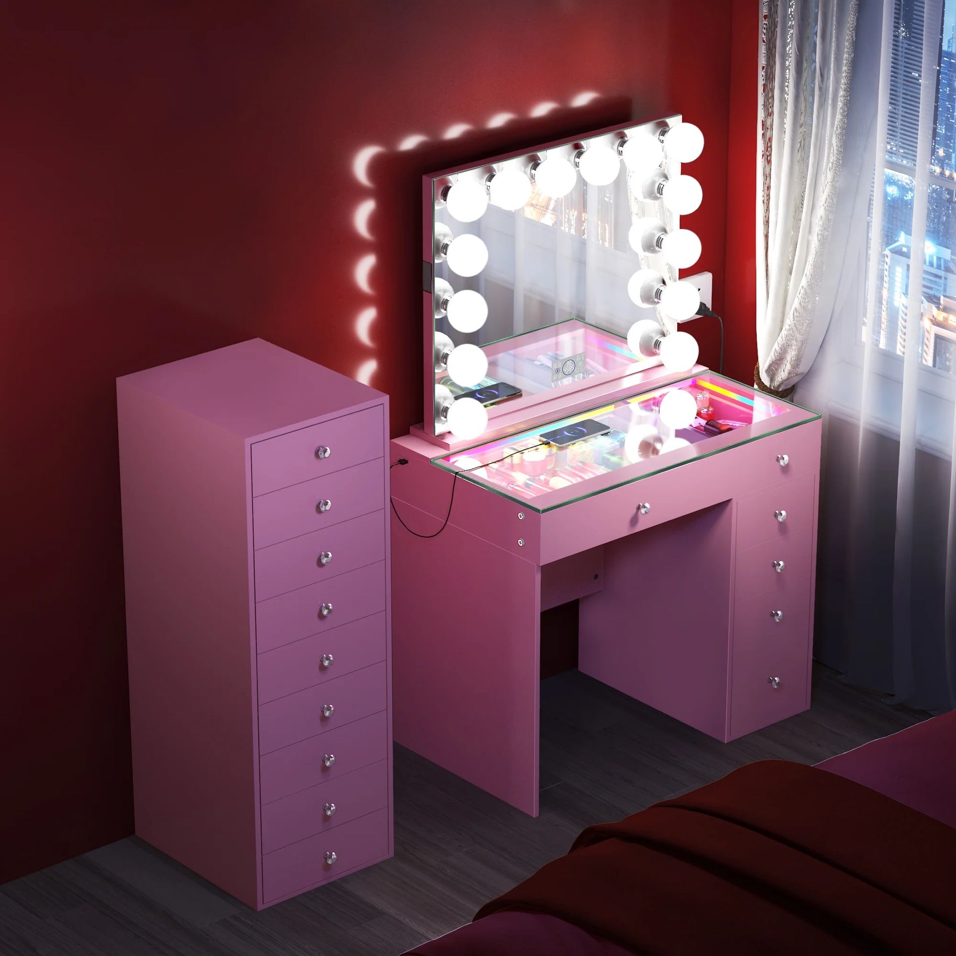 VANITY SET!! 9  DRAWERS-HOLLYWOOD MIRROR  !! DTCH PRICE COUKD DIF)GREY WHITE PINK OR BLK)(COULD BE MIX& MATCH DIF PRICE)