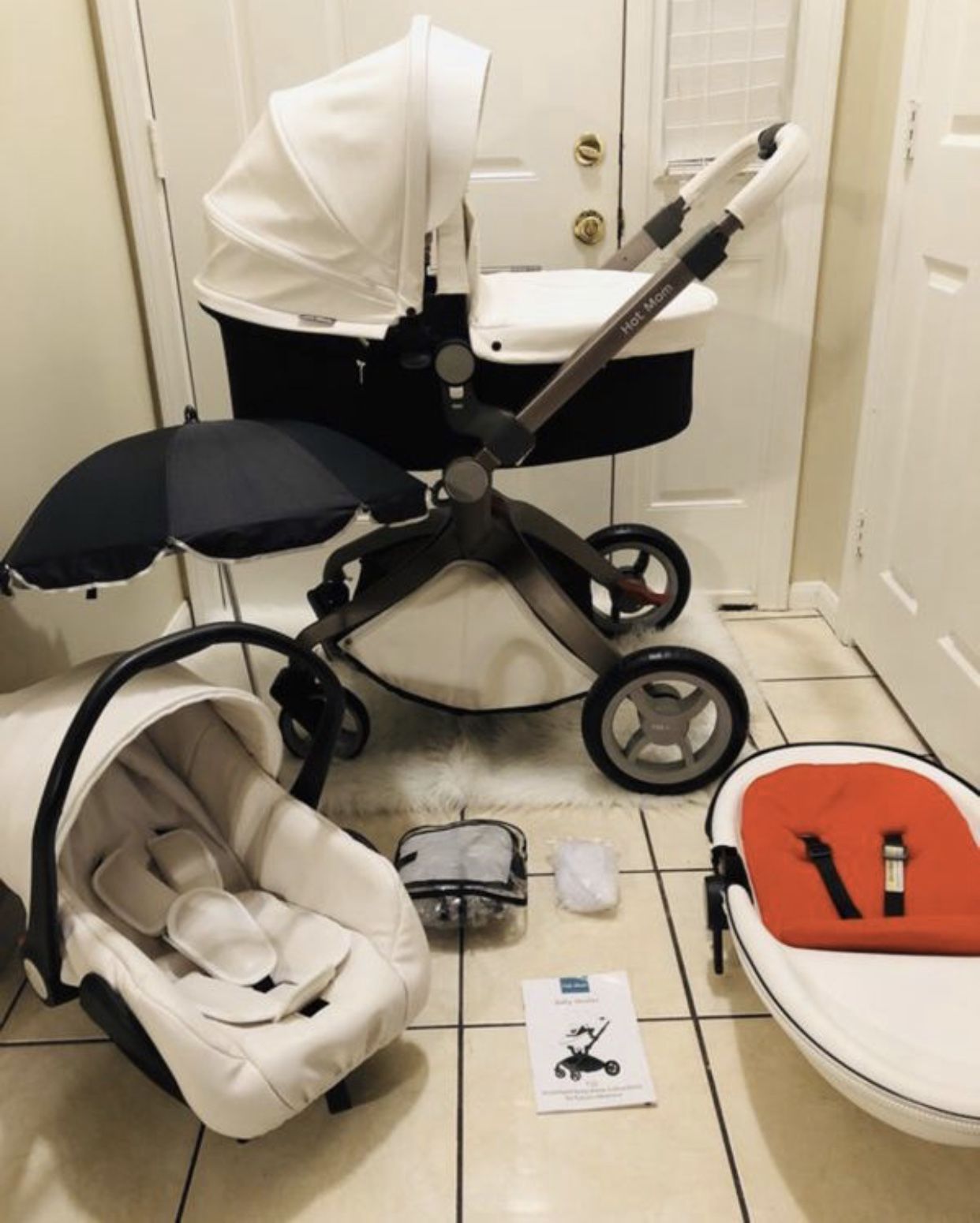 Luxury White Leather Stroller Set Including Bassinet, Car Seat