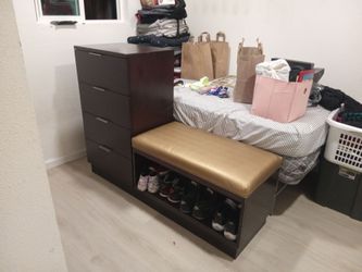 Dark Brown Shoe Storage Bench with Cushion with 4 dresser drawer