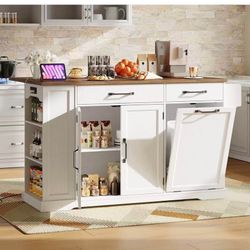Kitchen Island with Power Outlet & Drop Leaf, Rolling Storage Cart with Trash Storage Cabinet, Farmhouse Mobile Island Table for Kitchen, Dining Room,