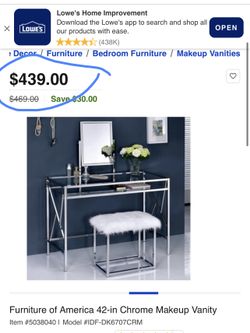 Makeup Vanity Table with Glass Top and Faux Fur Stool