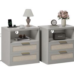 Set Of 2 Rattan Nightstands – Grey Oak