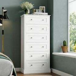 6 Drawer White Dresser, Tall Chest of Drawers Storage Cabinet for Bedroom Living Room