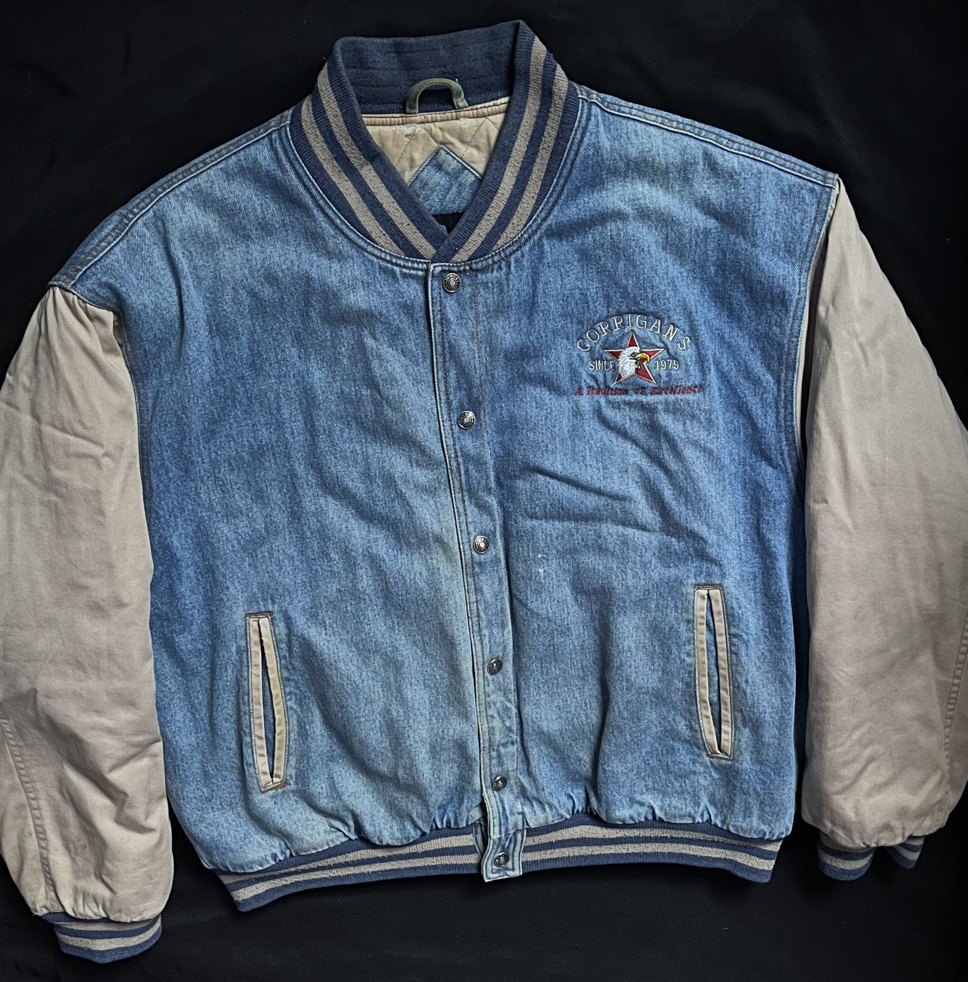 Vintage distressed tri mountain denim varcity jacket 