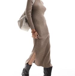 Cotton On Ribbed Long Sleeve Light Brown Side-slit Sweater Dress Size Women’s M