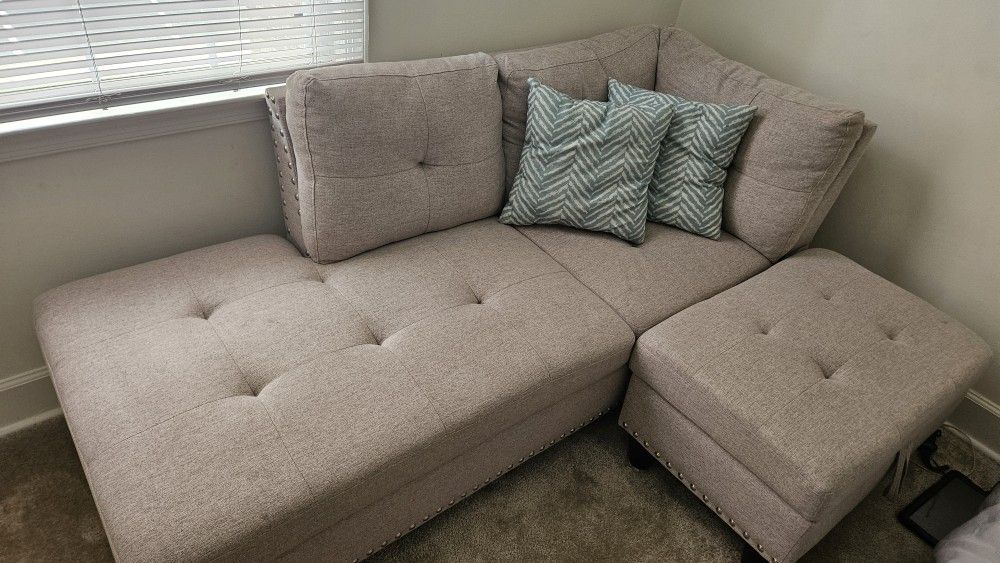 Linen Sectional Sofa with Storage Ottoman, 2-Seater Quilted Upholstered Corner Sofa for Living Room