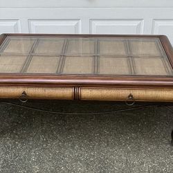 Vintage Coastal Hardwood, Rattan & Glass Coffee Table + Matching Side Tables (Set of 3)