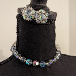 Vintage Austrian Aurora Borialis Crystal Choker Necklace With Matching Clipon Earrings