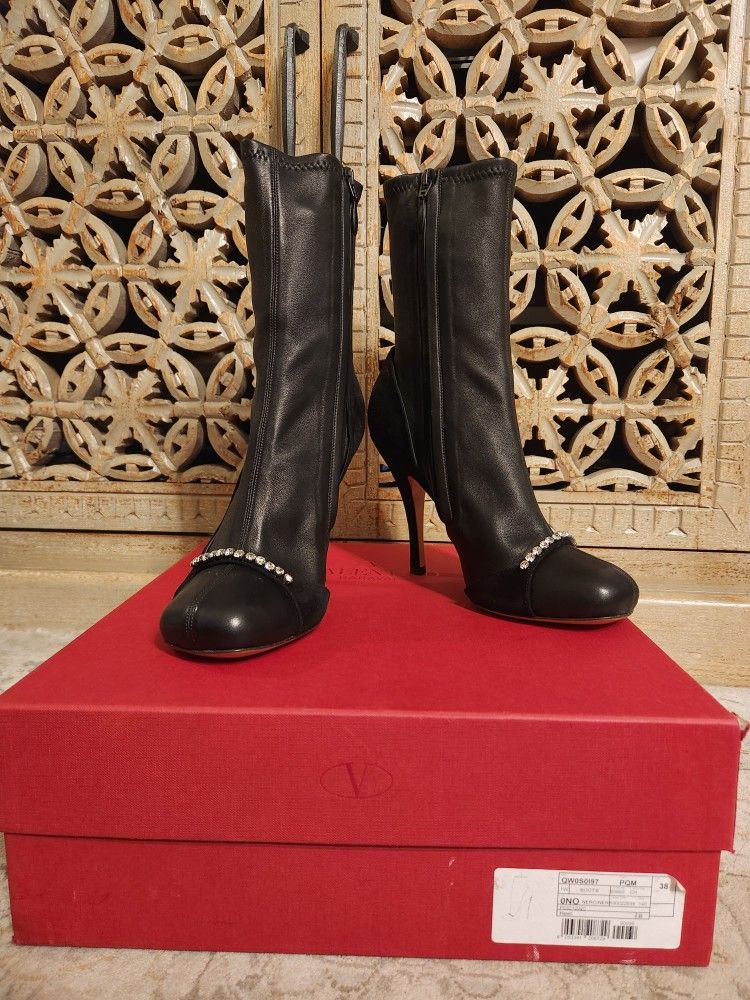 VALENTINO GARAVANI rhinestone strap slim heel boots