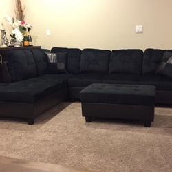 Black Microfiber Sectional Couch And Ottoman 