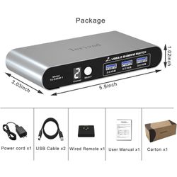 USB 3.0 Switch for 2 Computers Sharing 3 USB Devices with Wired Remote, Audio and Microphone Port, Aluminum, Digtial Display with Cables
