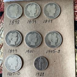 9 - SILVER BARBER HALF DOLLARS + 1 Silver Old Standing Liberty Quarter! Added in Extra pictures!