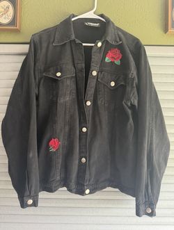 Black Denim With Red Rose Accents With Beads Size Medium