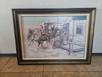 CM Russell 1909 Saloon Horse Fight Original Oil Replica by Denuzio Painting Western Cowboy  36x26