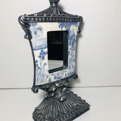 Vintage Standing Mirror- Pewter with Blue & White Country French Scene